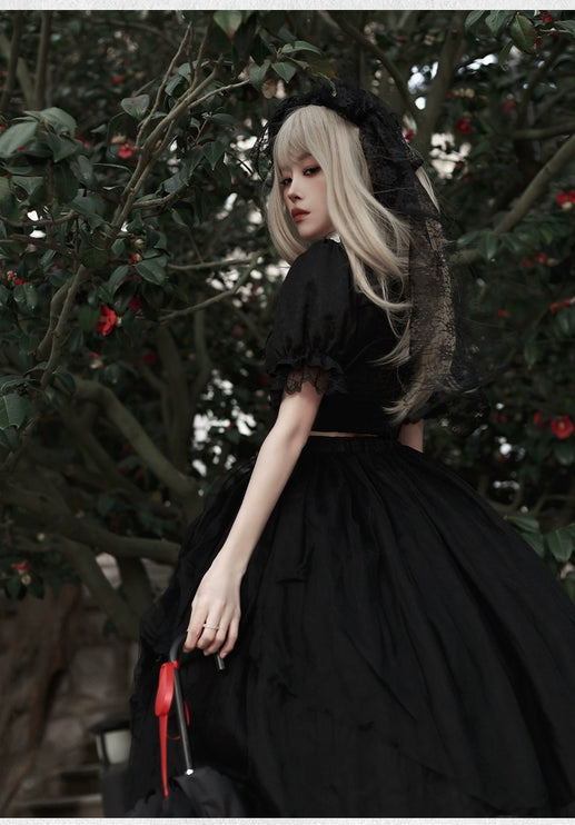 Gothic Black Rose Embroidery Cut-Out Blouse with Asymmetrical Lolita Dress Set