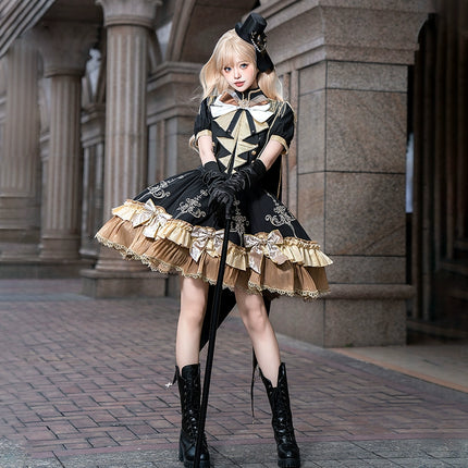 Steampunk - inspired Lolita Dress with Georgette Skirt, Elegant Bow - ties and Intricate Embroidery