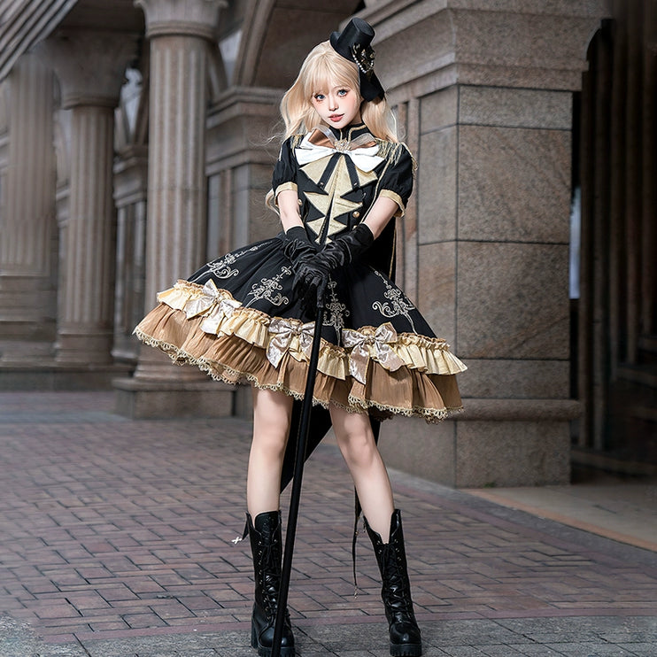 Steampunk - inspired Lolita Dress with Georgette Skirt, Elegant Bow - ties and Intricate Embroidery