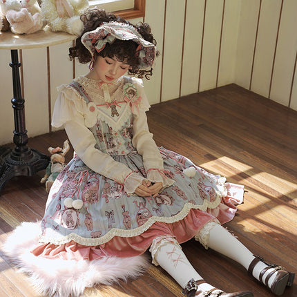 Enchanting Pastel Green Animal Illustration Lolita Jumper Skirt (JSK) Dress