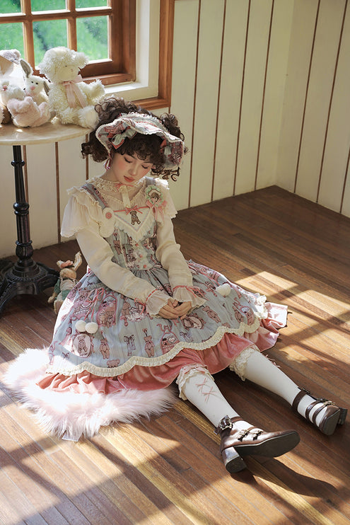 Enchanting Pastel Green Animal Illustration Lolita Jumper Skirt (JSK) Dress