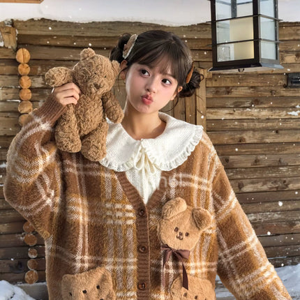 Romantic Ruffled Peter Pan Blouse, Sweet Bear Patch & Cookie Pocket Cozy Plaid Cardigan