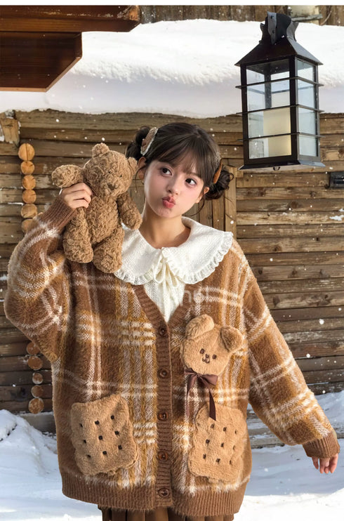 Romantic Ruffled Peter Pan Blouse, Sweet Bear Patch & Cookie Pocket Cozy Plaid Cardigan