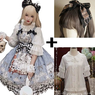 Wonderland Gothic Lolita Dress - Vintage Blue Sleeveless JSK with Harlequin Bow