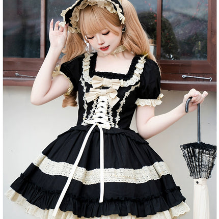 Elegant Black and Cream Lolita Dress with Multi-Tiered Ruffles and Detachable Apron