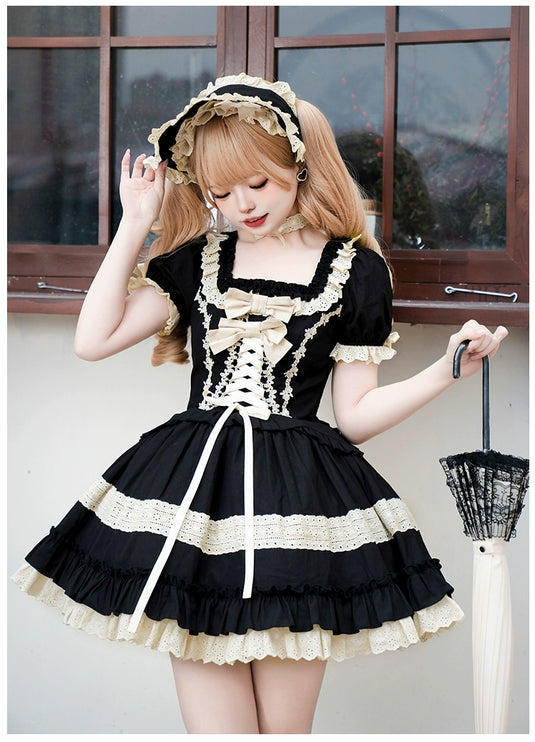 Elegant Black and Cream Lolita Dress with Multi-Tiered Ruffles and Detachable Apron
