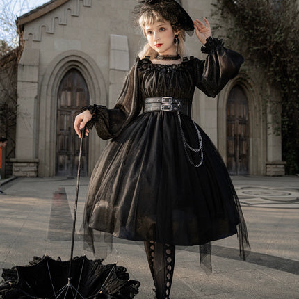 Vintage Square Neck Dark Gothic Black Lolita OP Dress Mid & Long Length