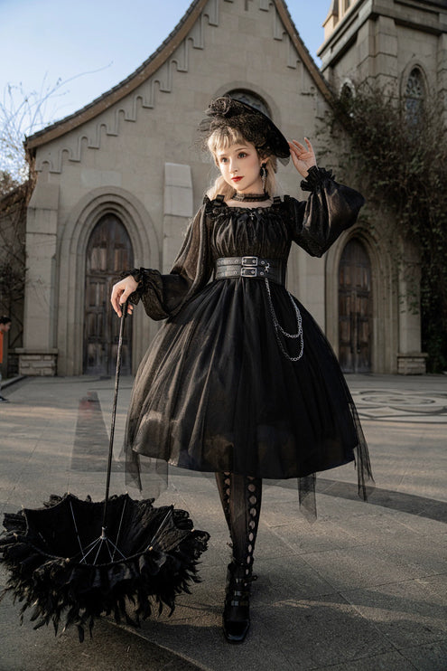 Vintage Square Neck Dark Gothic Black Lolita OP Dress Mid & Long Length