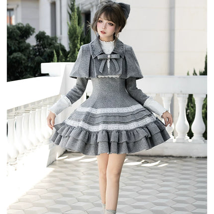 Two - piece Lolita dresses with capes, ruffled tiers and cute bowknots for a charming look