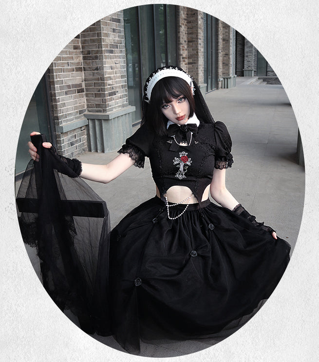 Midnight Rose Gothic Lolita Set - Embroidered Cutout Blouse with Cross and Pearl Accents