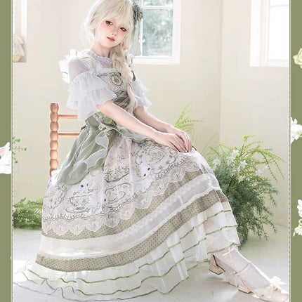 Sweet Lolita Dress - Light Green Layered Tulle Skirt with Lace & Embroidery