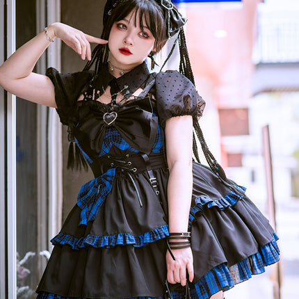 Gothic Blue Plaid Lolita JSK with Heart-Shape Neckline and Ruffled Trims