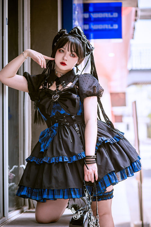 Gothic Blue Plaid Lolita JSK with Heart-Shape Neckline and Ruffled Trims