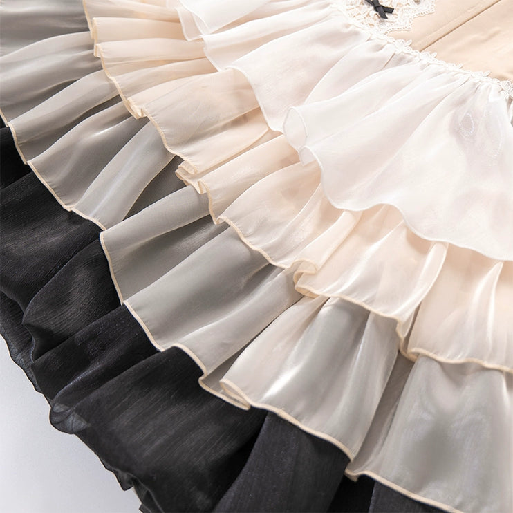 Paris Sunset JSK Fishbone with Built-in Bra Pads, Layered Skirt, Dramatic Full-Skirt Streamer Lolita Dress for All Seasons
