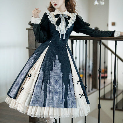 Gothic - inspired Lolita Dress with Cathedral Prints, Lace Trims and Delicate Bow