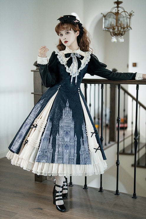 Gothic - inspired Lolita Dress with Cathedral Prints, Lace Trims and Delicate Bow