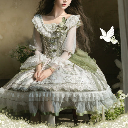 Sweet Lolita Dress - Light Green Layered Tulle Skirt with Lace & Embroidery