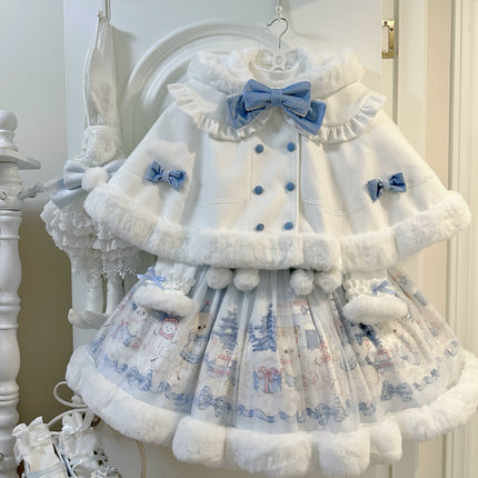 Lolita Dress with Adorable Bear Prints, Blue - toned Ribbons and Fluffy Trim, Comes with Matching Headpiece