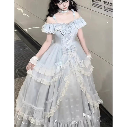 Elegant Light - Blue Off - the - Shoulder Lolita Dress: Ruffled and Bow - adorned