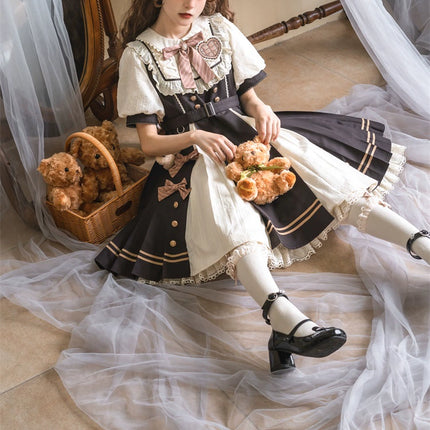 Cocoa Charm Lolita Dress - Elegant Short Sleeve OP with Striped Bow and Teddy Accent