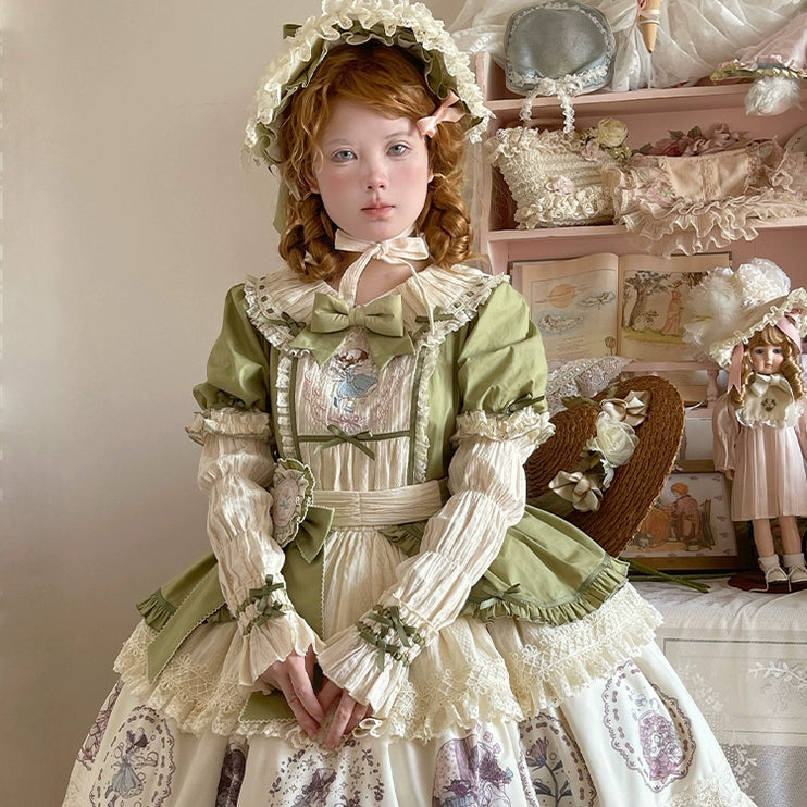 S-2XL Classic Doll-Inspired OP Lolita Dress with Lace Trim and Bow Accents - Available in Lavender, Matcha Green, and Pink