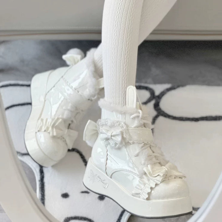 Furry - trimmed Lolita Boots with Bow - buckle and Thick Platform