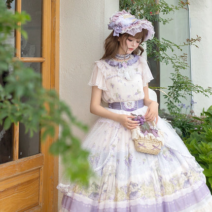 French Country Chic CLA Lolita JSK Dress – Purple & White Lace Bell Sleeve OP