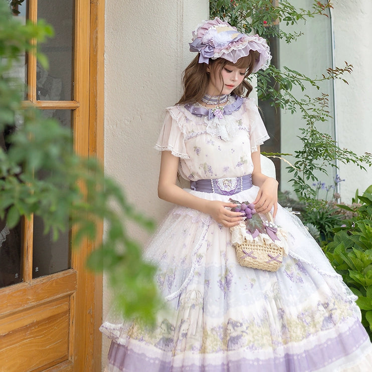 Lolita Dress - Delicate Purple - hued with Floral Patterns, Short - sleeved and Floor - length