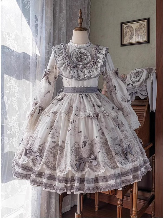 White Pastoral Style Lolita OP Dress for Girls with Princess Flower Dress