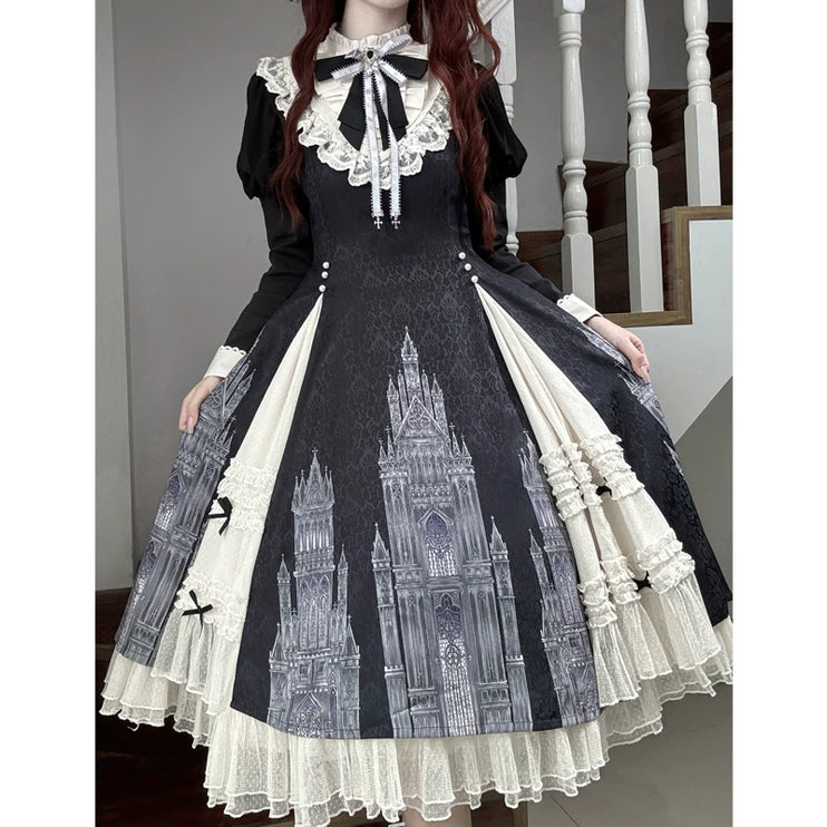 Gothic - inspired Lolita Dress with Cathedral Prints, Lace Trims and Delicate Bow