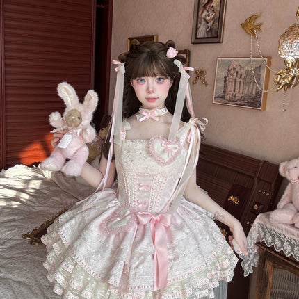 Whimsical Pastel Lolita Dress with Embroidered Animal Motifs and Ruffled Skirt