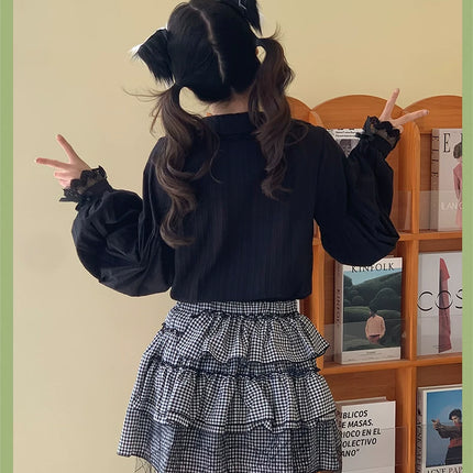 Lace - adorned Long - sleeved Blouse with Fluffy Cuffs, Exuding Delicate Femininity