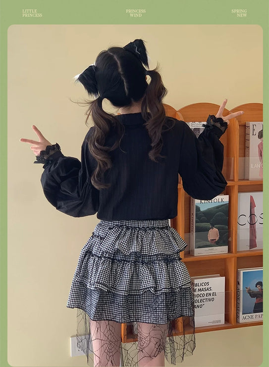 Lace - adorned Long - sleeved Blouse with Fluffy Cuffs, Exuding Delicate Femininity