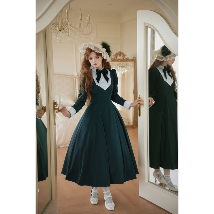 Elegant Victorian - inspired Black Dress with Bowknot and Flared Skirt