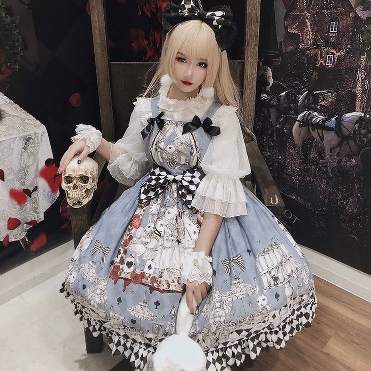 Wonderland Gothic Lolita Dress - Vintage Blue Sleeveless JSK with Harlequin Bow