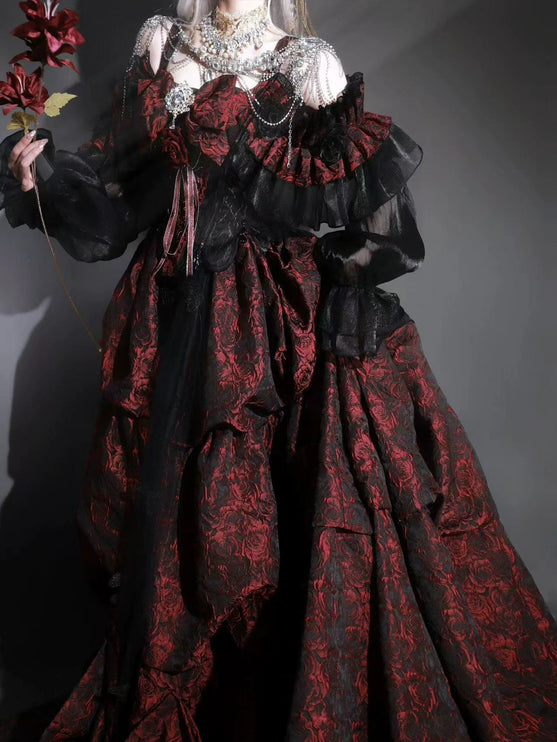 Elegant Victorian Inspired Gothic Lolita Ball Gown in Red & Black