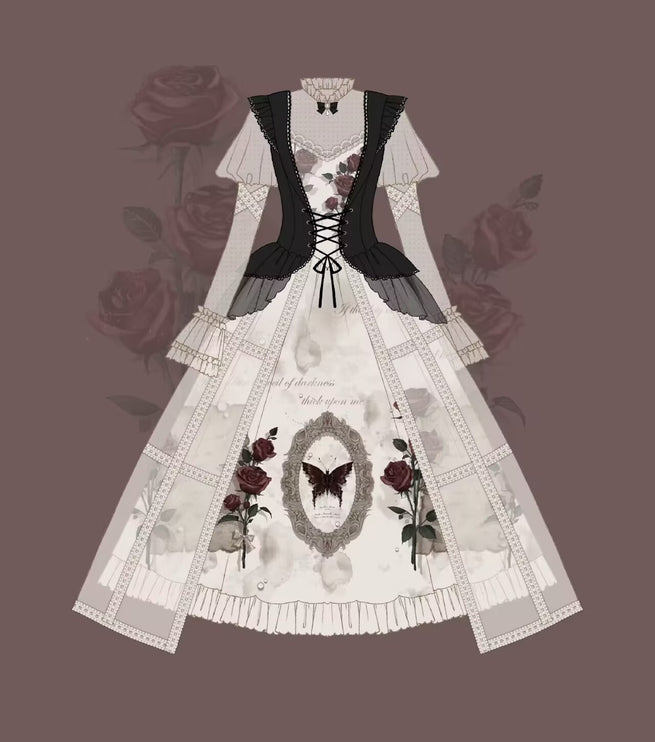 Gothic Butterfly Lolita Dress Set - High Collar Inner Layer with Lace Overlay and Waist-Cinching Vest