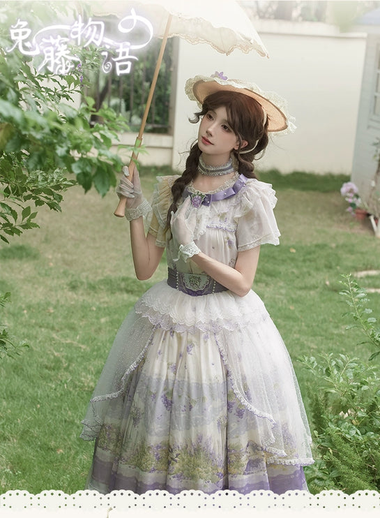 Lolita Dress - Delicate Purple - hued with Floral Patterns, Short - sleeved and Floor - length