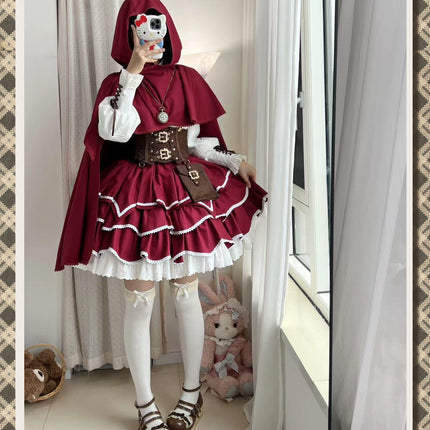 Punk Vintage Christmas Little Red Riding Hood Magical Princess Lolita Dress (Set)