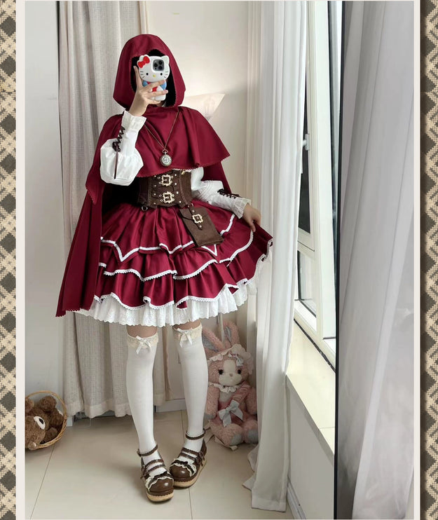 Punk Vintage Christmas Little Red Riding Hood Magical Princess Lolita Dress (Set)
