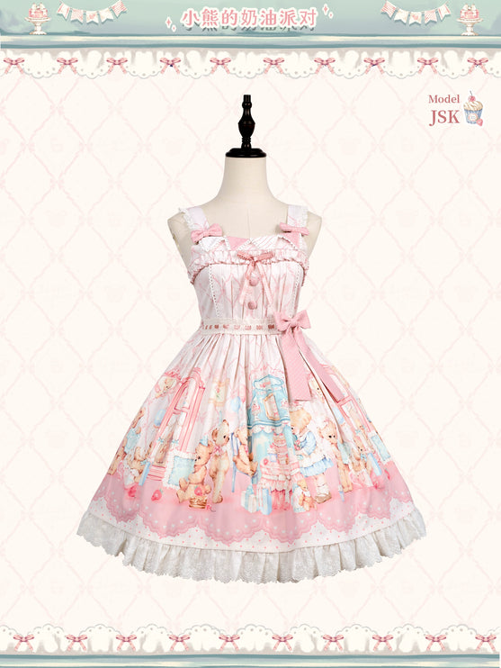 Teddy Bear's Cream Party Sweet Lolita JSK with Lace and Ribbon Accents