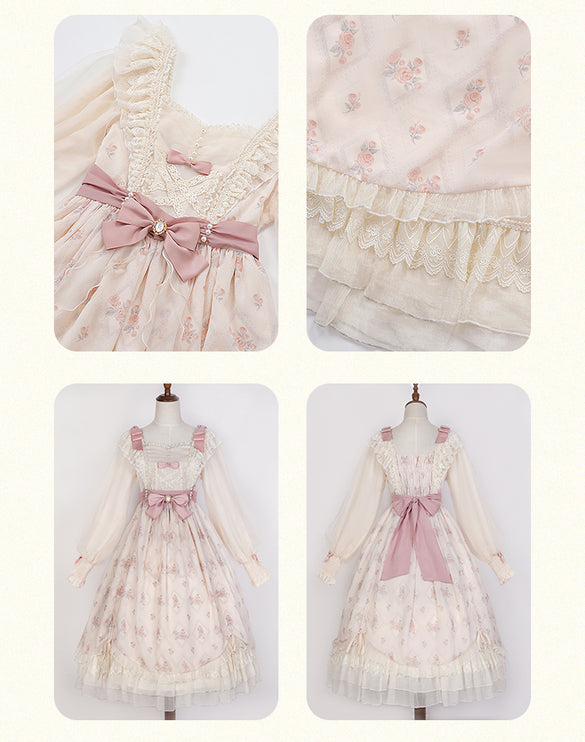 Elegant Cream Lolita Dress with Floral Embroidery and Ruffled Skirt