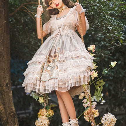 Vintage Floral Lolita Dress with Tulle Layers, Off - the - Shoulder Sleeves & Delicate Headpiece