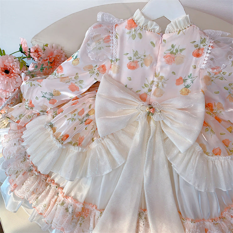 Charming Pastel Pink Lolita Dress for Girls - Floral Embellished, Multi-Layered Skirt