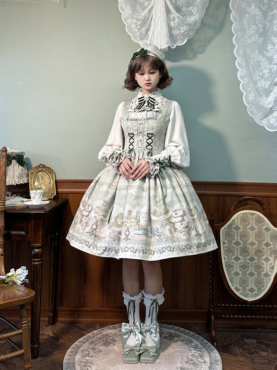 Whimsical Floral Lolita Dress – Tiered Skirt with Detachable Bows & Crisscross Ribbon Details