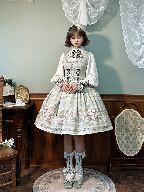 Whimsical Floral Lolita Dress – Tiered Skirt with Detachable Bows & Crisscross Ribbon Details