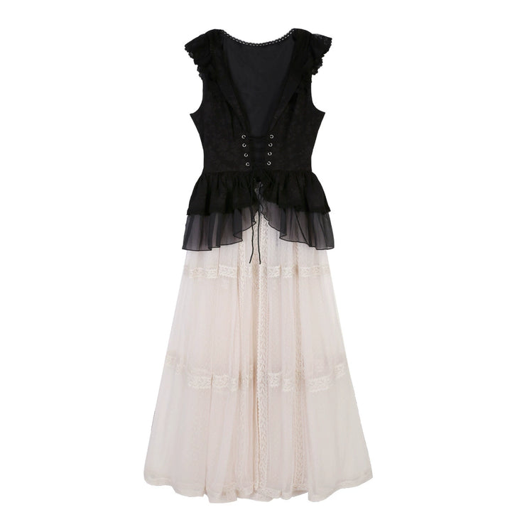 Gothic Butterfly Lolita Dress Set - High Collar Inner Layer with Lace Overlay and Waist-Cinching Vest