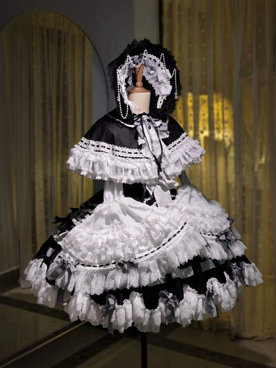 Gothic Aristocrat Lolita Dress - Victorian Black and White Ruffled Doll OP with Cape and Bonnet