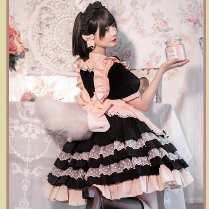 Sweet Pink Lolita Apron with Puff Sleeves OP Maid Lolita Dress