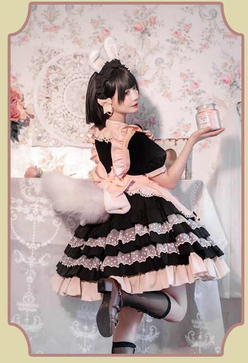 Sweet Pink Lolita Apron with Puff Sleeves OP Maid Lolita Dress